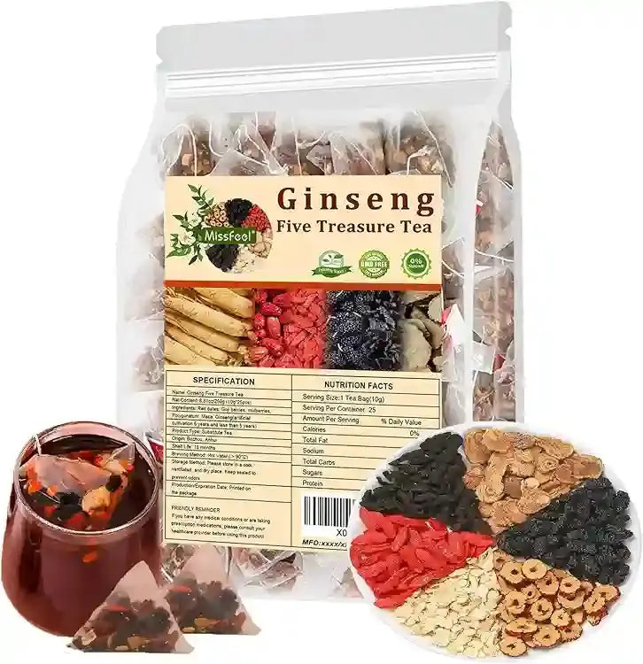 Ginseng Five Treasure Tea，Natural Raw Materials Such as Red Dates, Wolfberries, Mulberries, Astragalus, Ginseng, etc.150g
